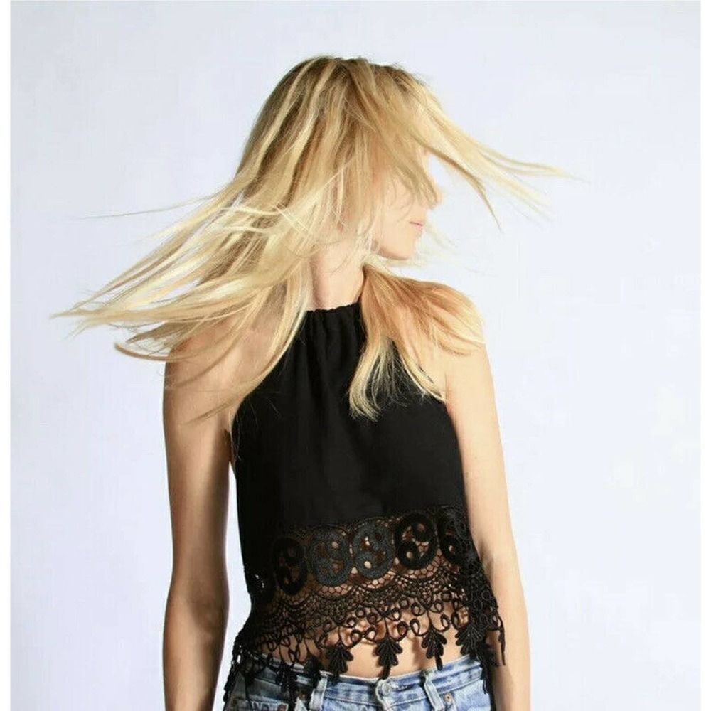 Stone Cold Fox Guerrilla Top Black Halter Lace Trim Tie Back Festival One Size